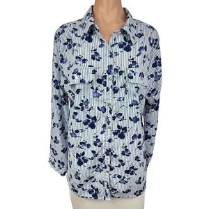 Notations XL Blouse Long Sleeve Roll Tab White & Blue Button Front Button Front